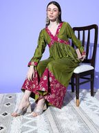 InWeave Women's Olive Wine Brocade Mughal Shaan Kurta Palazzo Set | Grocsy