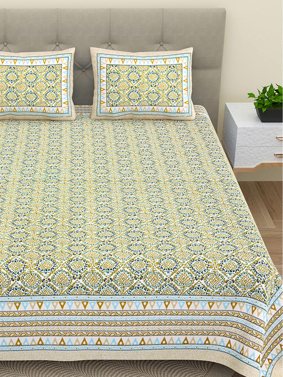 BELLA CASA Green & Blue Ethnic Motifs Cotton 180 TC King Bedsheet With 2 Pillow Covers | Grocsy