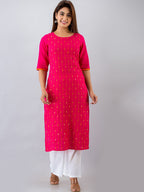 HERE&NOW Pink & White Geometric Embroidered Mirror Work Kurta with Palazzos | Grocsy