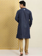 House of Pataudi Men Navy Blue Embroidered Striped Pattern Jashn Kurta | Grocsy