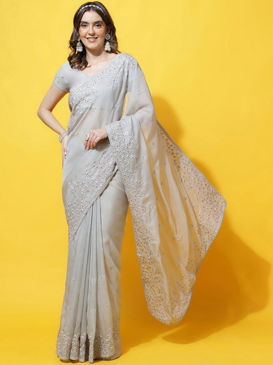 kasee Floral Embroidered Organza Saree | Grocsy