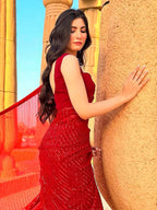 Sangria Red Embellished Pure Georgette Saree | Grocsy