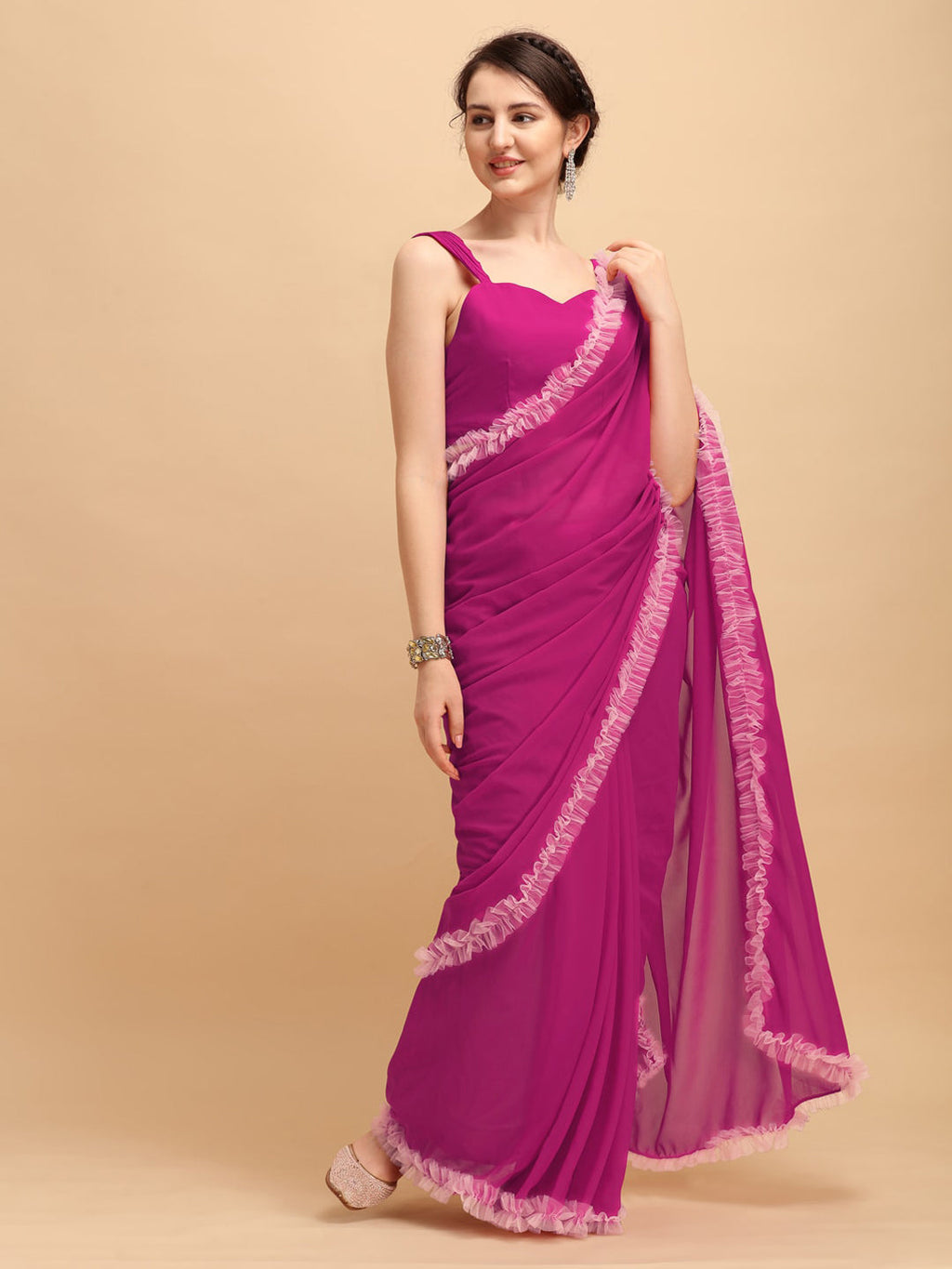 Sangria Magenta Solid Poly Georgette Ruffled Saree | Grocsy