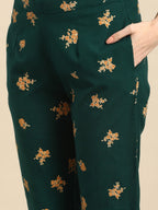 All About You Women Green & Brown Floral Printed Regular Pure Cotton Kurta with Trousers | Grocsy