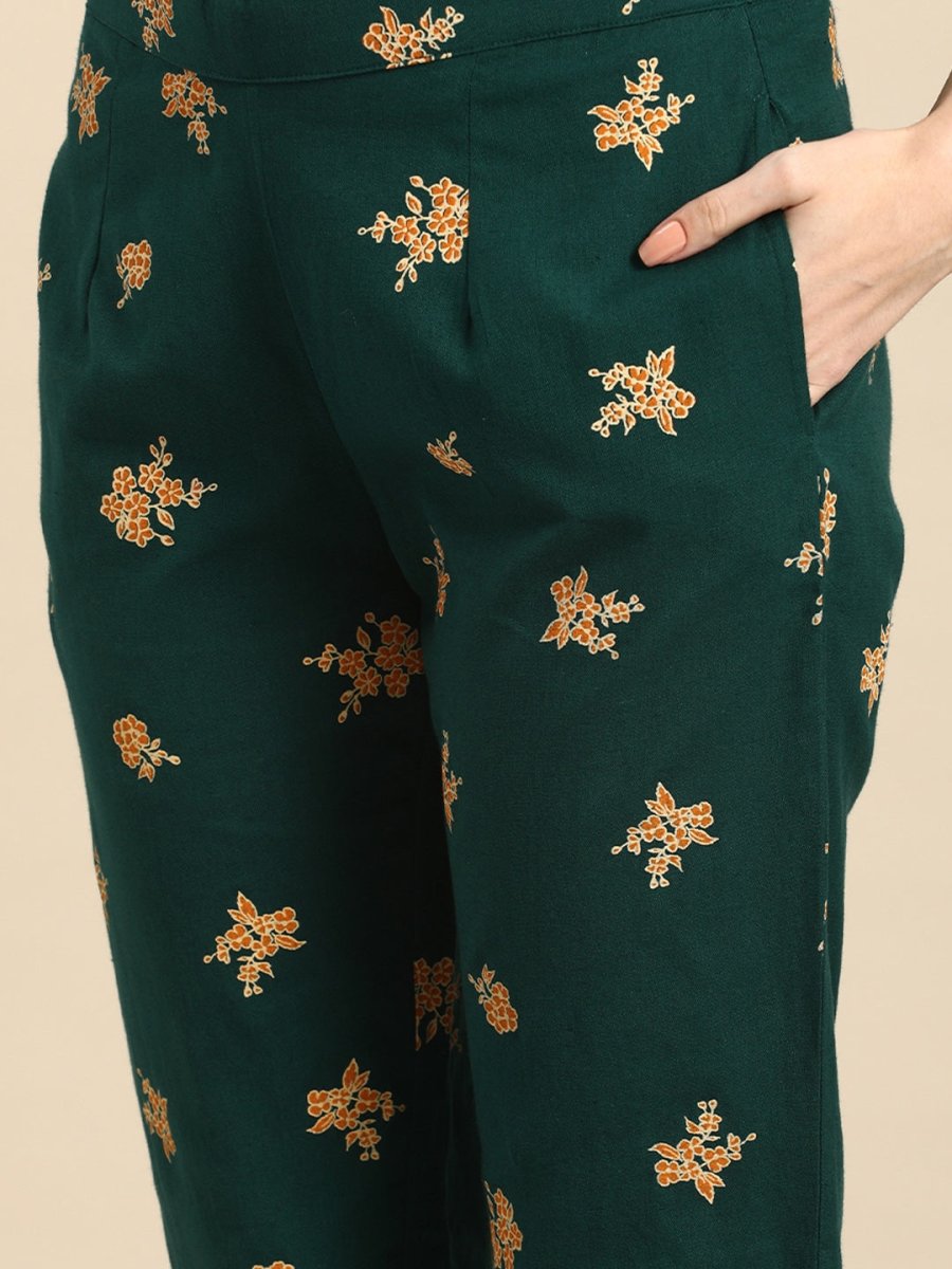 All About You Women Green & Brown Floral Printed Regular Pure Cotton Kurta with Trousers | Grocsy
