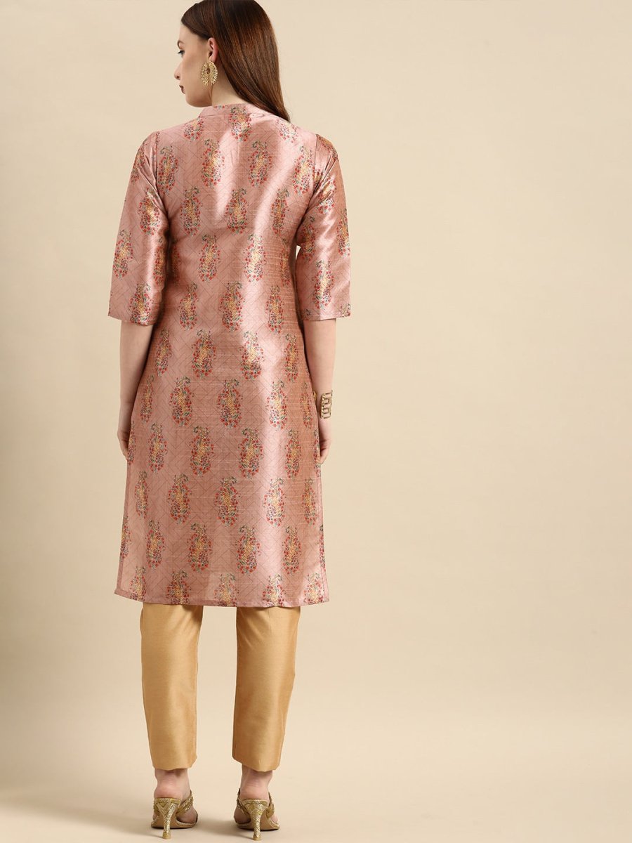All About You Women Pink Paisley Print Mandarin Collar Pastels Chanderi Silk Blend Kurta | Grocsy