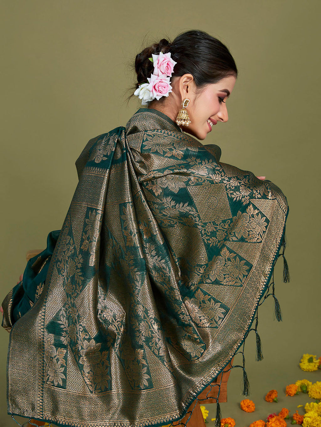 Sangria Ethnic Motifs Woven Design Linen Blend Saree | Grocsy