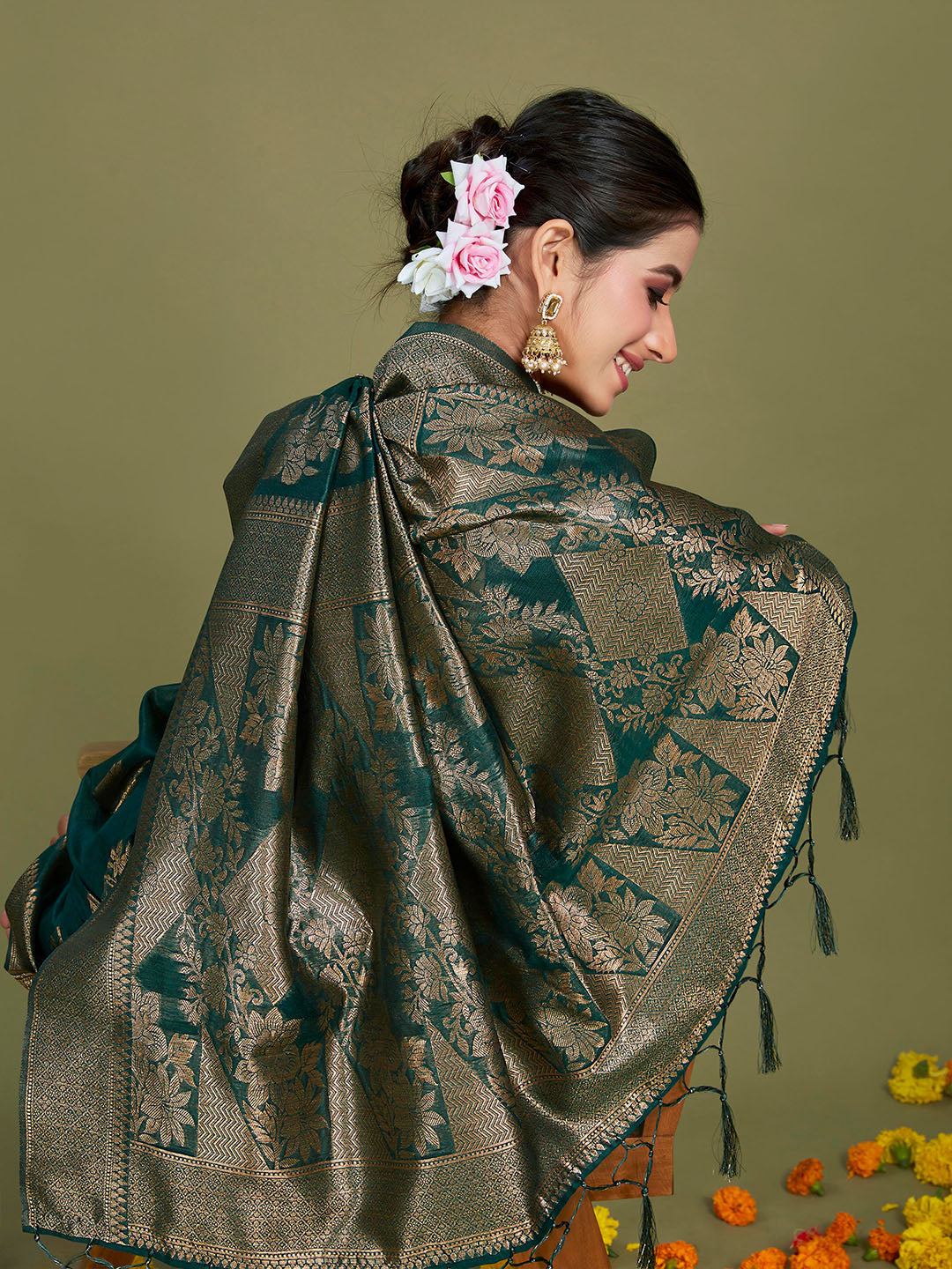 Sangria Ethnic Motifs Woven Design Linen Blend Saree | Grocsy