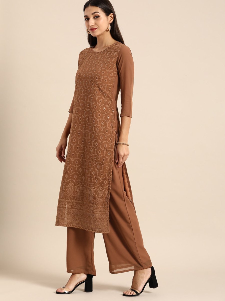 All About You Women Brown Ethnic Motifs Embroidered Chikankari Kurta with Palazzos | Grocsy