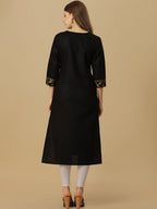HERE&NOW Black & Gold Square Neck Yoke Design Cotton Kurta | Grocsy