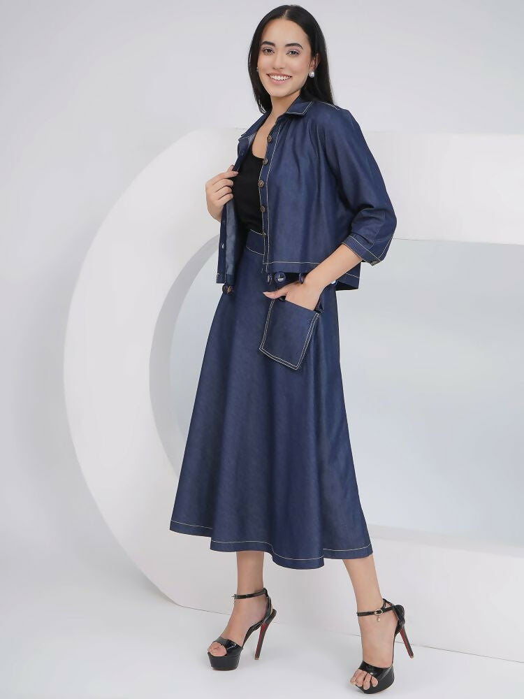 Joban Fashion Black Cotton Denim A Line Skirt With Inner And Jacket | Grocsy