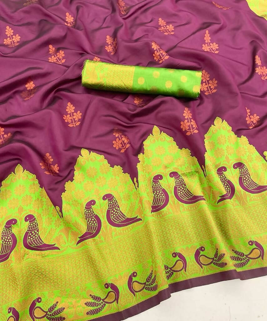 DEIANA'S Beautiful Designer Golden zari Soft Lichi Silk Saree - Wine | Grocsy