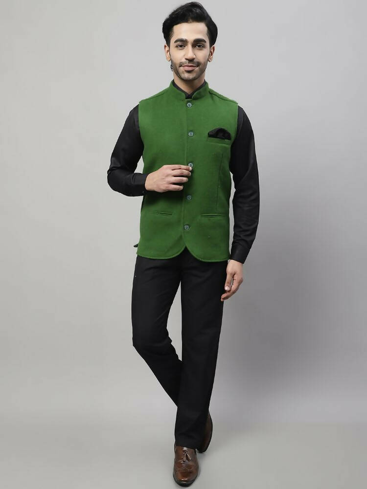 Even Apparels Pure Wool Nehru Jacket - Green | Grocsy