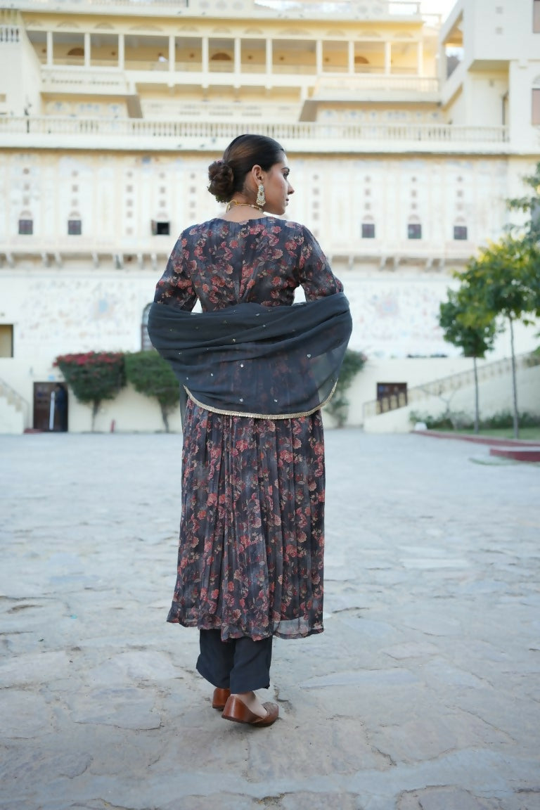 Vaasva Black Chinon Floral Embroidered Angrakha, Pant & Dupatta set | Grocsy