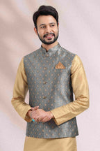 Raivat Ethnic Jacquard Banarasi Silk Woven Work 3 Pics Jacket Set In Grey Colour | Grocsy