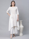 Ahalyaa Women's Off white Pure Cotton Printed Asymmetric Kurta Palazzo Set | Grocsy
