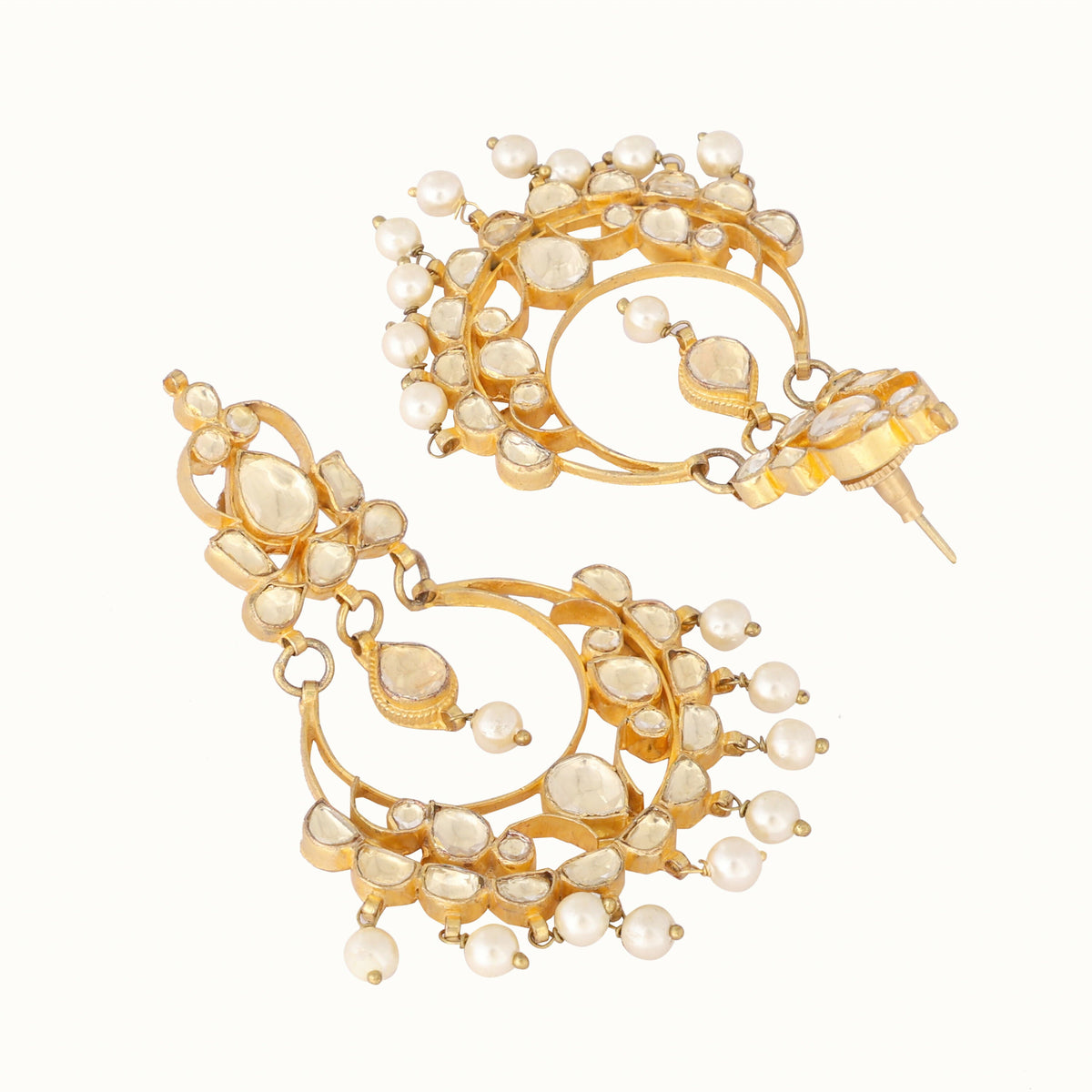 Nuyug 22K Gold Plated Kundan Studded Contemporary Shaped Pearl Drop Chandbalis | Grocsy