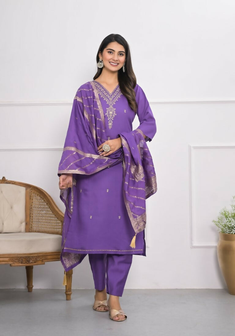 Purple Viscose Silk Embroidery with Thread and sequence Stitched Suit With Dupatta - Tanisha | Grocsy