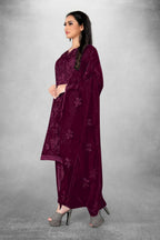 Wine Heavy Organza Silk Embroidered Unstitched Dress Material - Amara | Grocsy