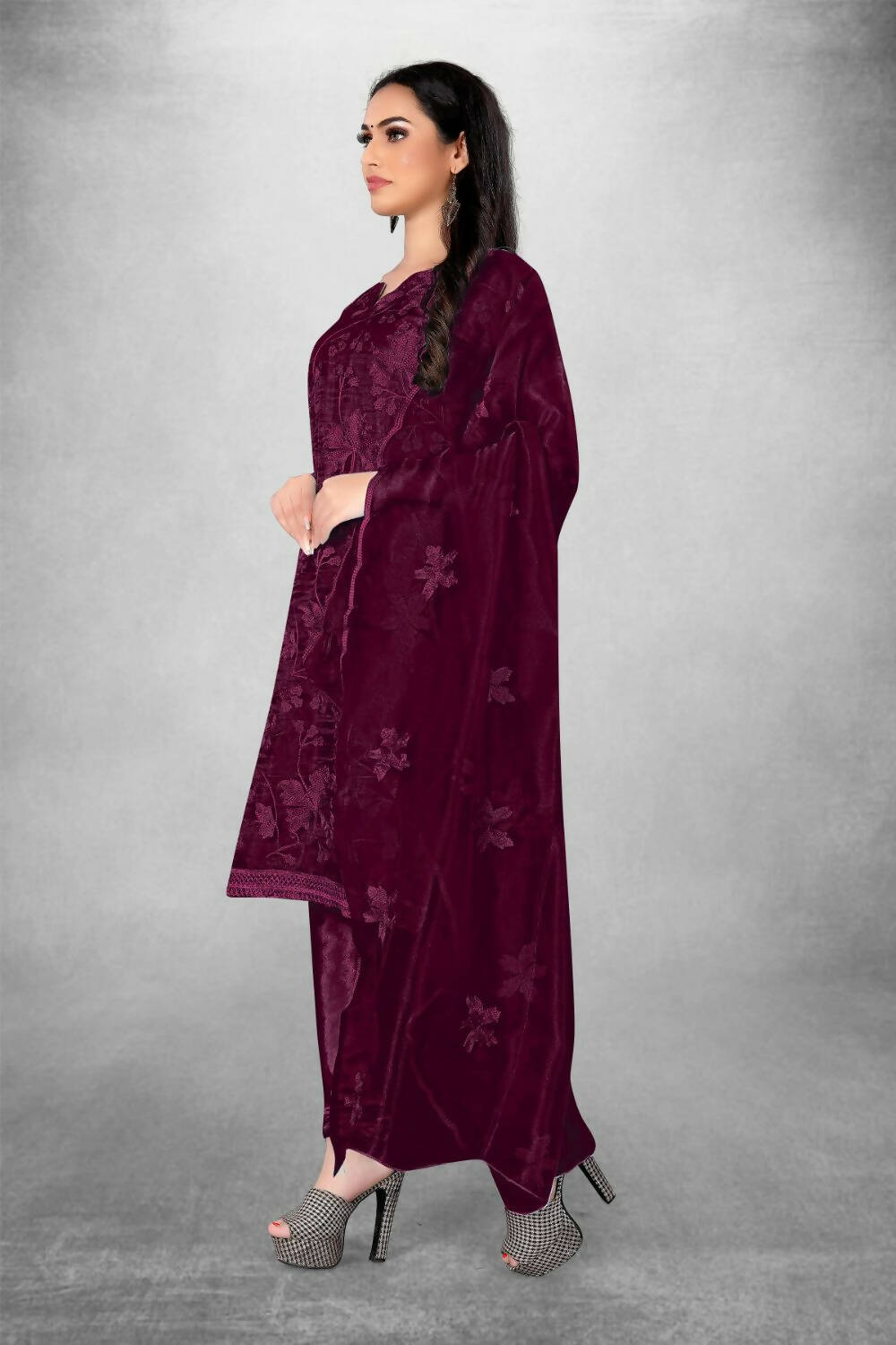Wine Heavy Organza Silk Embroidered Unstitched Dress Material - Amara | Grocsy