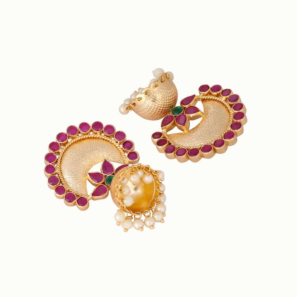 Nuyug 22K Gold Plated Ruby & Pearl Studded Dome Shaped Jhumkas | Grocsy
