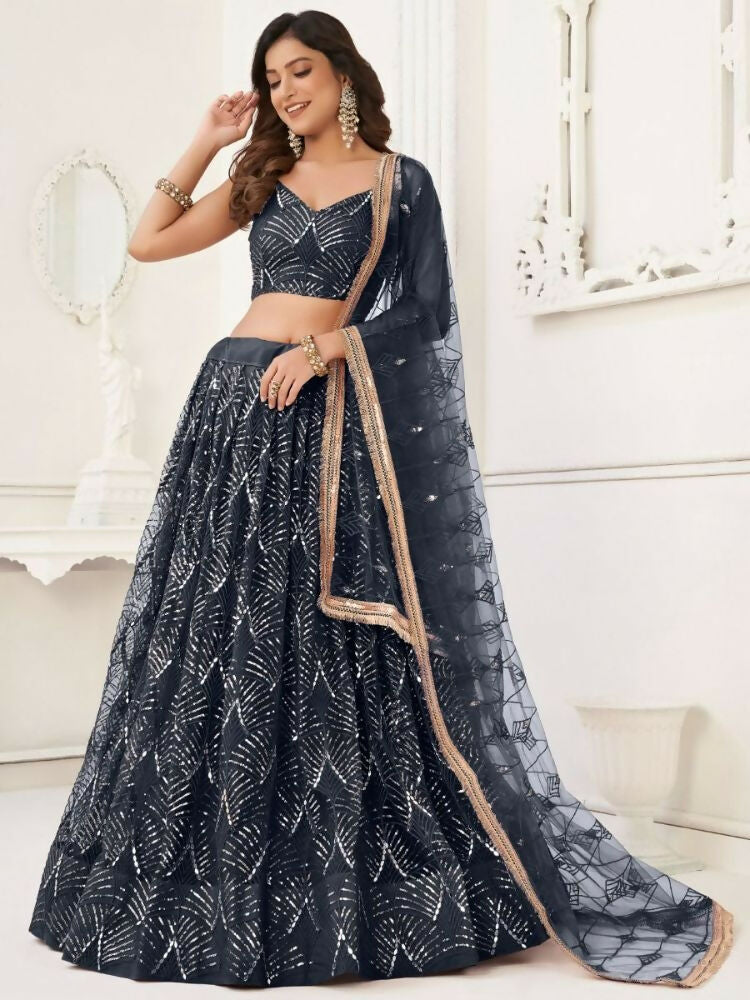 Black Butterfly Soft Net Embroidery With Real Mirror Work Lehenga Choli - Jihu Culture | Grocsy