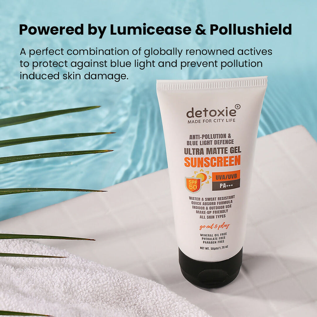 Detoxie Ultra Matte Sunscreen Gel Matte Finish Dry Tint Water & Sweat Resistant With Spf 50 Pa+++ | Grocsy