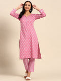 Sangria Pink Ethnic Motifs Printed V-Neck Pure Cotton Straight Kurta With Trouser | Grocsy
