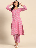 Sangria Pink Ethnic Motifs Printed V-Neck Pure Cotton Straight Kurta With Trouser | Grocsy