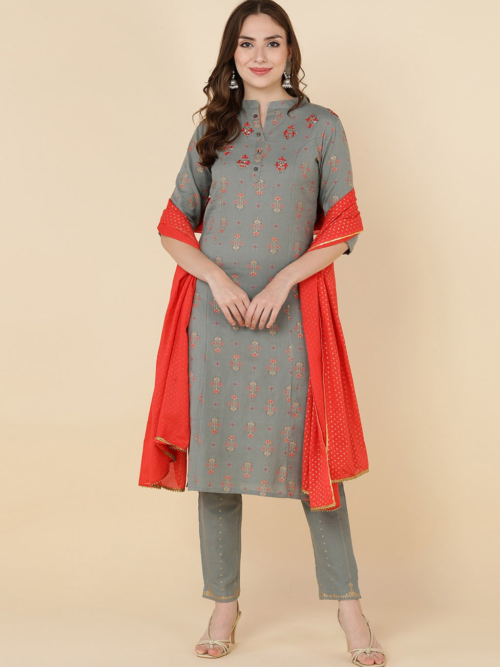 HERE&NOW Women Grey Ethnic Motifs Printed Gotta Patti Kurta with Trouser & Dupatta | Grocsy
