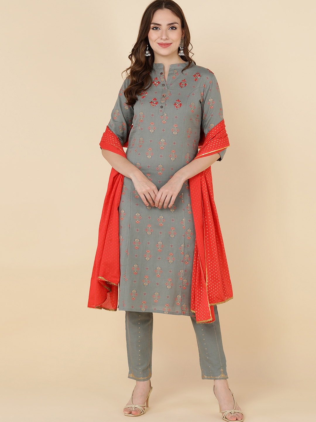 HERE&NOW Women Grey Ethnic Motifs Printed Gotta Patti Kurta with Trouser & Dupatta | Grocsy