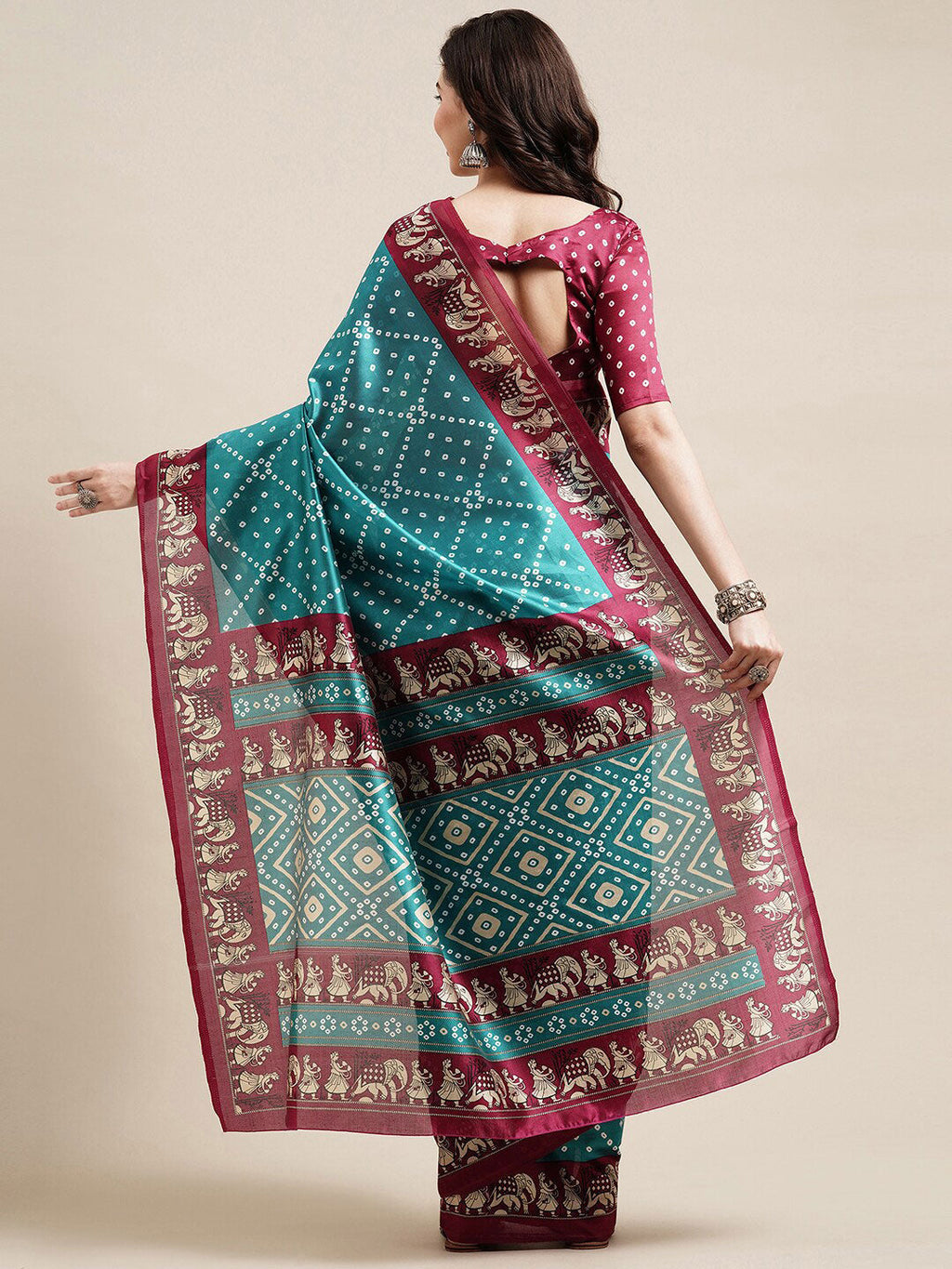 Saree Mall Blue & Maroon Bandhani Silk Blend Bandhani Sarees | Grocsy