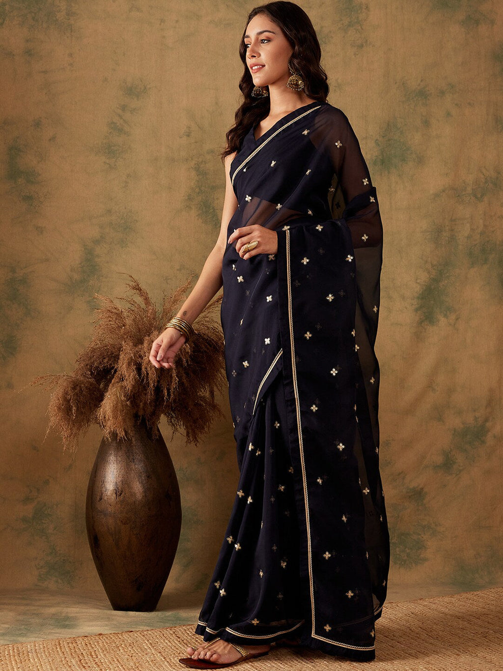 Sangria Floral Sequin Embroidered Organza Sarees | Grocsy