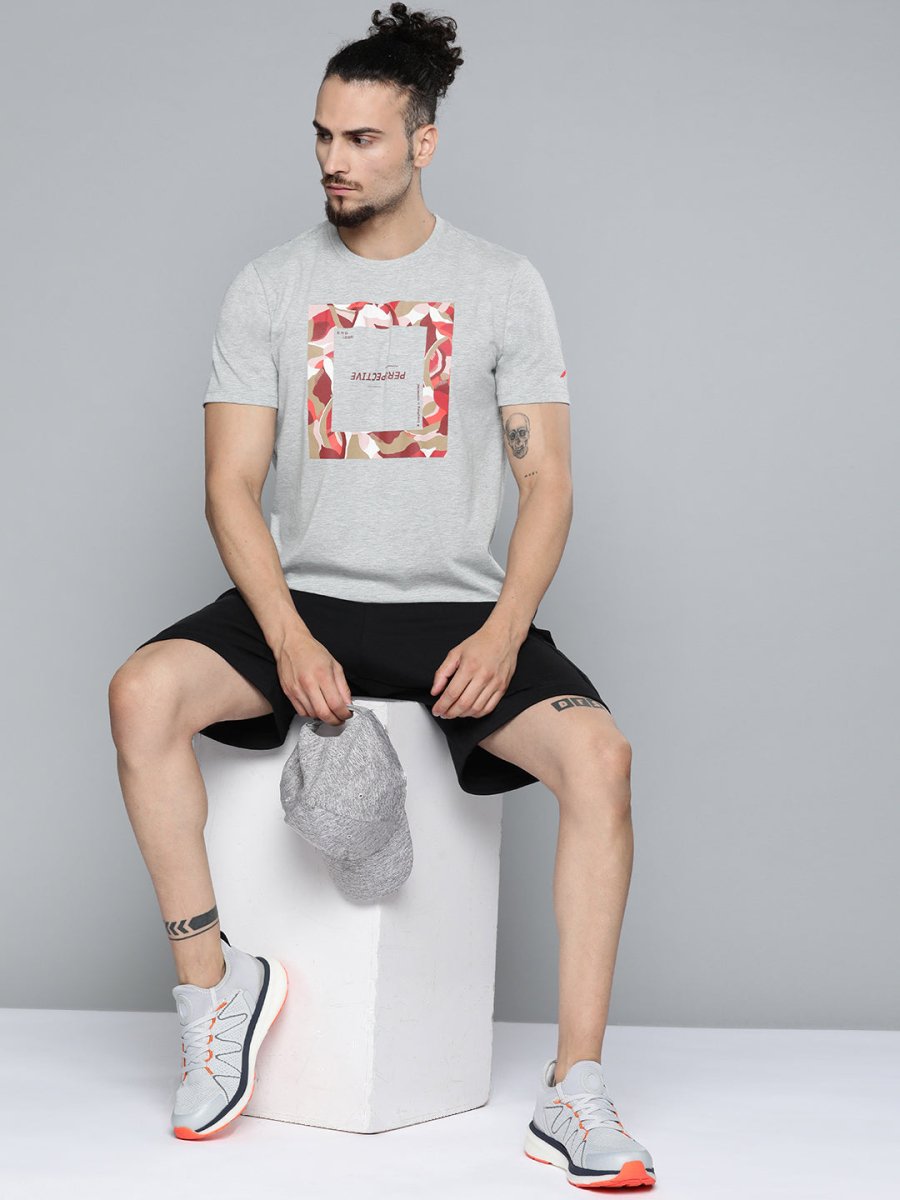 Alcis Men Grey Melange Typography Printed Slim Fit Gym T-shirt | Grocsy