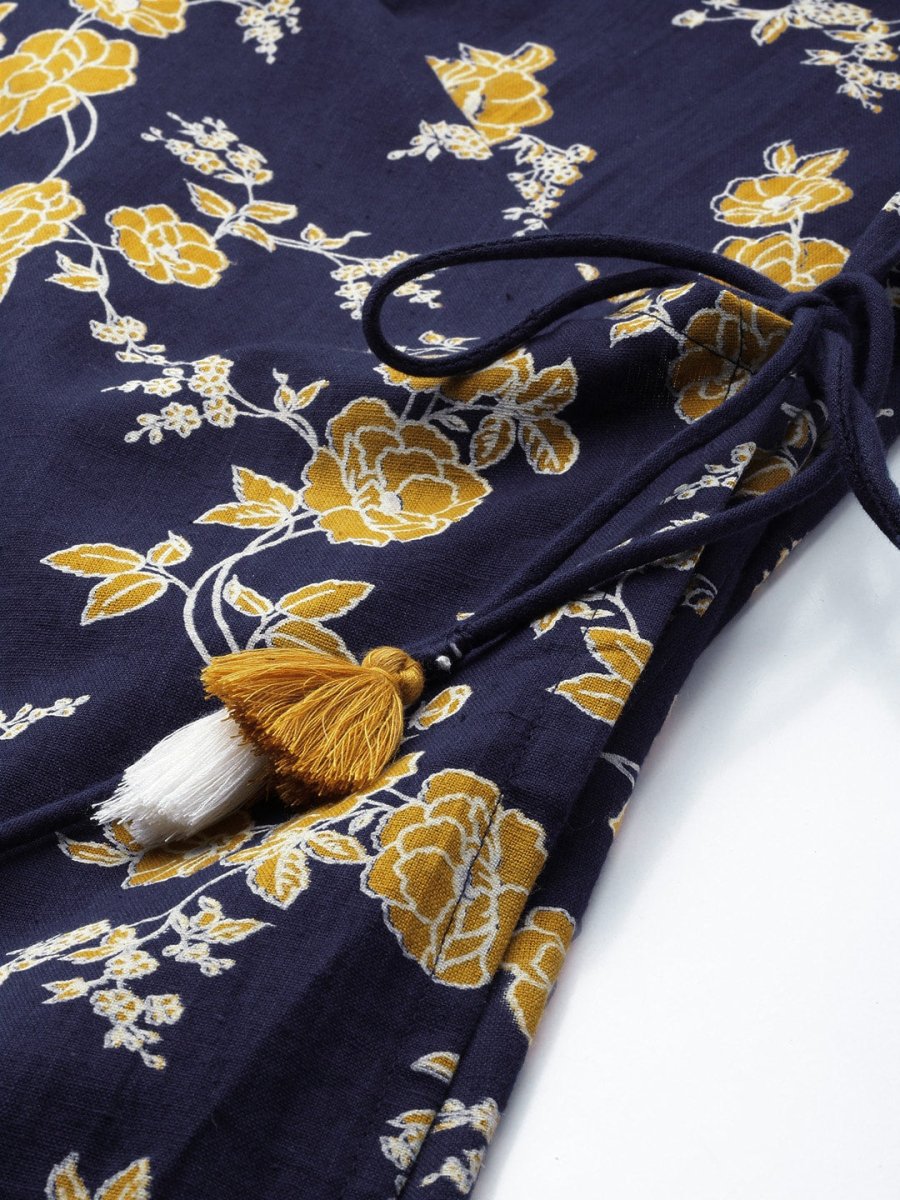 All About You Women Navy Blue Floral Printed Angrakha Pure Cotton Kurta with Trousers | Grocsy