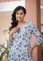 Kaajh Women's White Blue Floral Print Kurta Pant Set | Grocsy