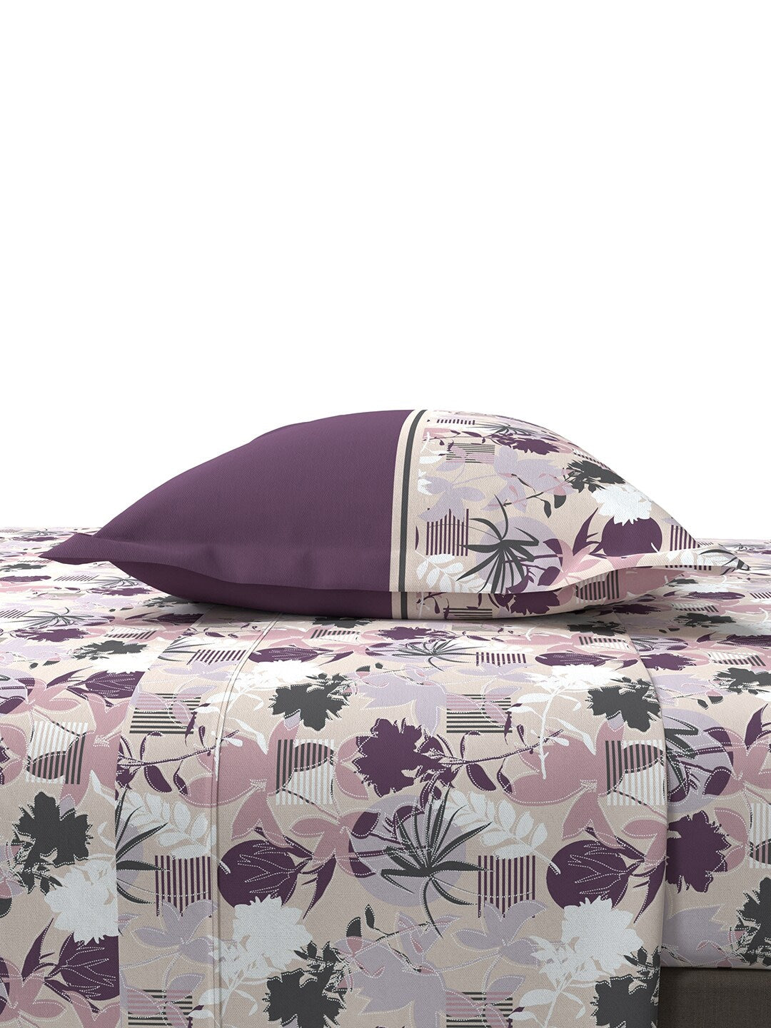 MYTRIDENT Mauve White Floral Cotton 144 TC Queen Bedsheet With 2 Pillow Covers | Grocsy