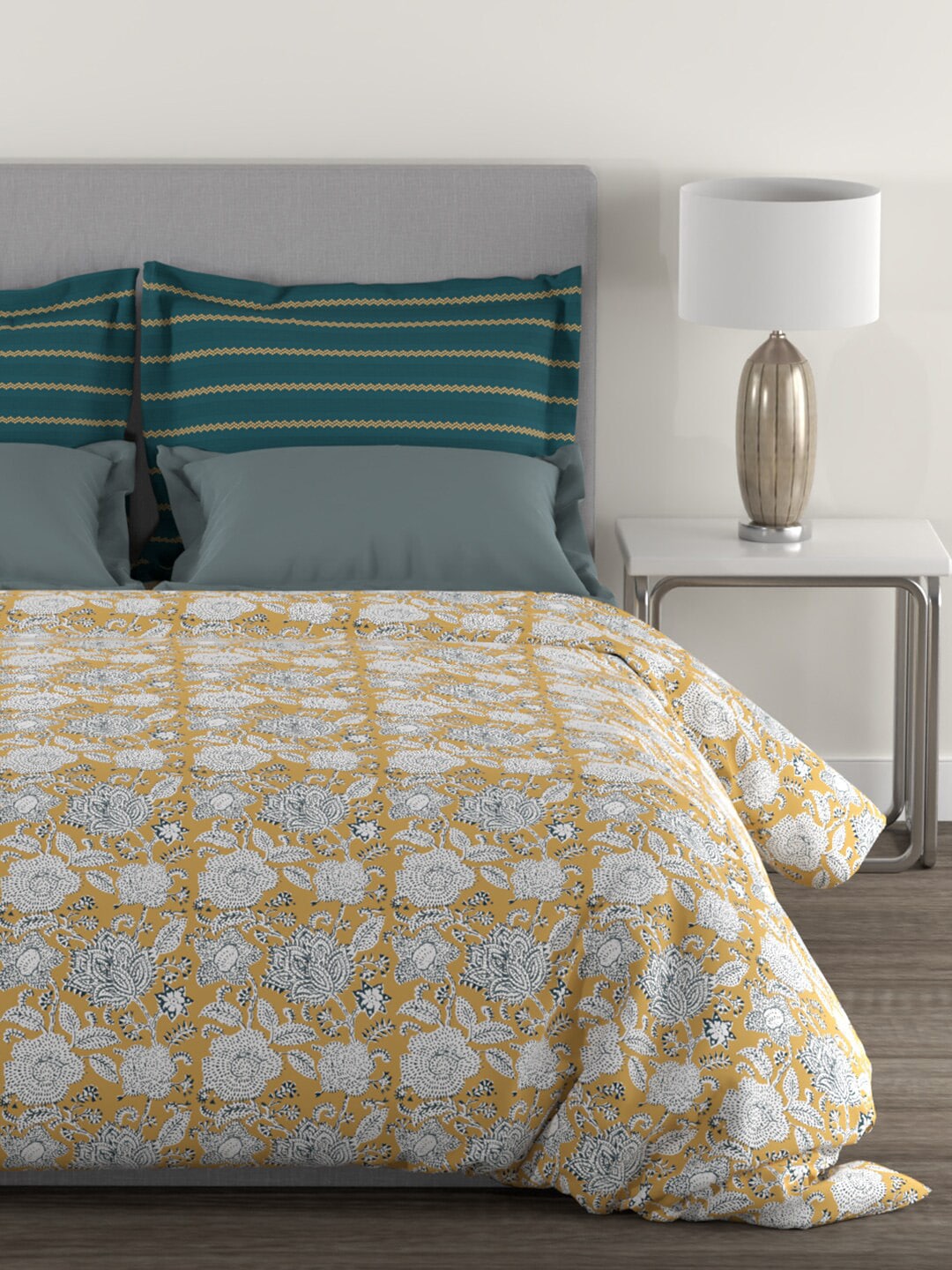 MYTRIDENT Mustard White Floral Cotton 144 TC Queen Bedsheet With 2 Pillow Covers | Grocsy