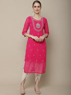 Sangria Women Pink Floral Embroidered Georgette Straight Kurta | Grocsy