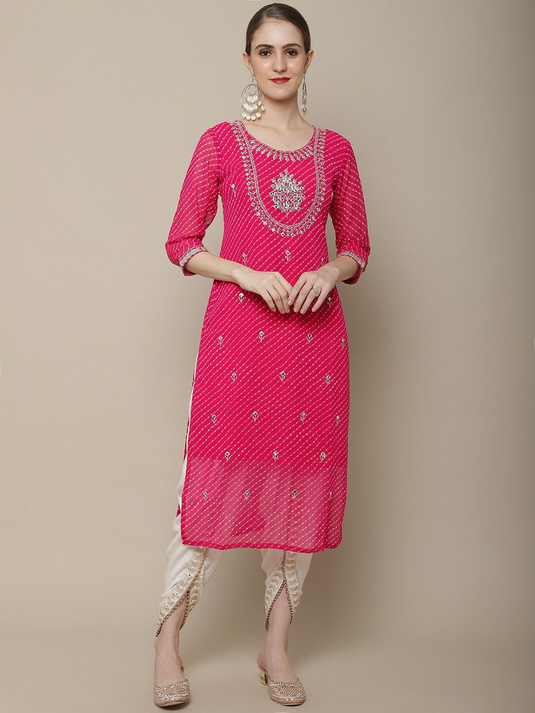 Sangria Women Pink Floral Embroidered Georgette Straight Kurta | Grocsy