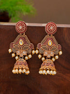 Shoshaa Maroon & Gold-Toned & Plated Contemporary Antique Jhumkas Earrings | Grocsy