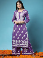 HOUSE OF KARI Women Purple Floral Embroidered Chikankari Pure Cotton Kurta with Palazzos | Grocsy