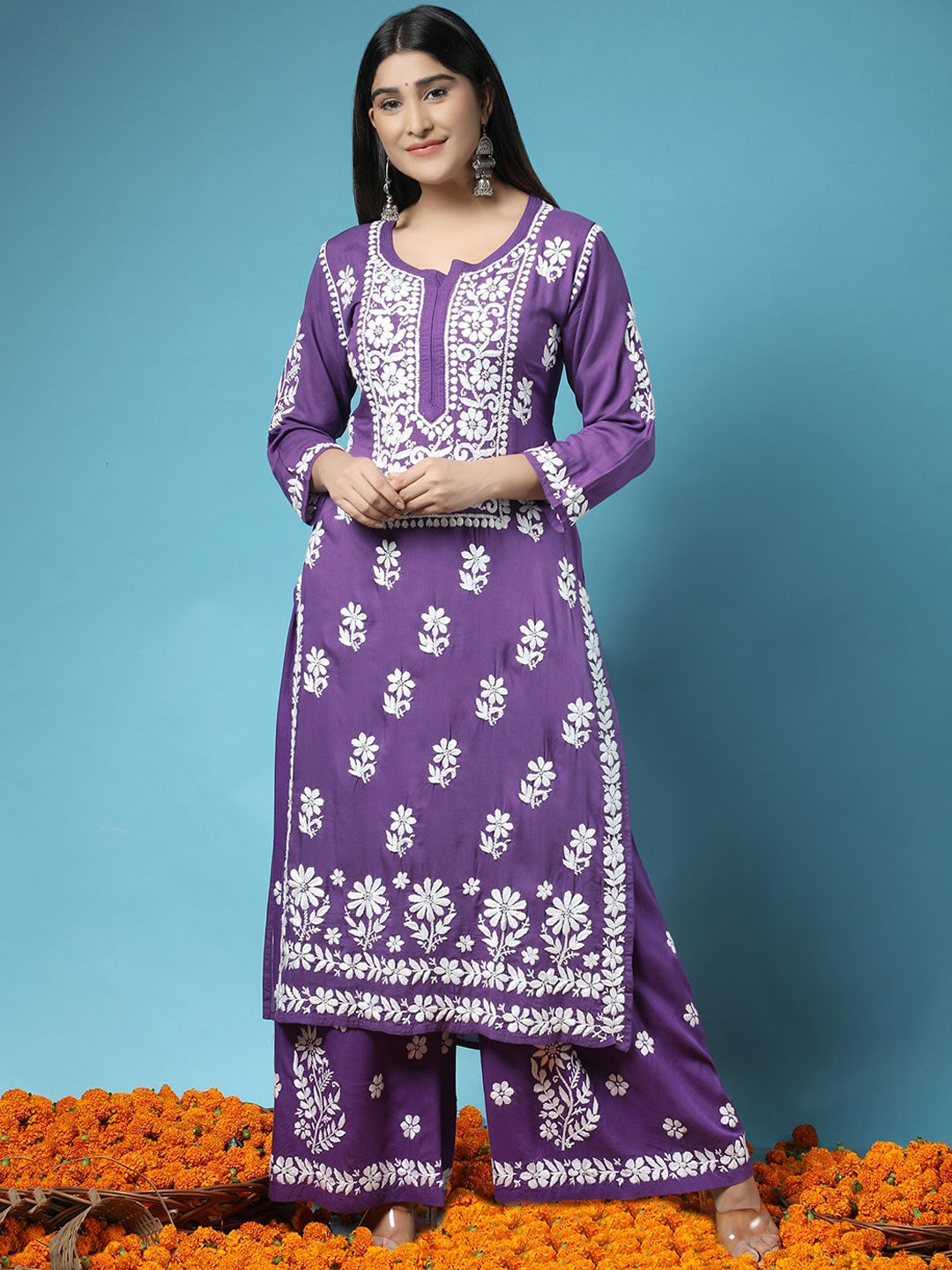 HOUSE OF KARI Women Purple Floral Embroidered Chikankari Pure Cotton Kurta with Palazzos | Grocsy