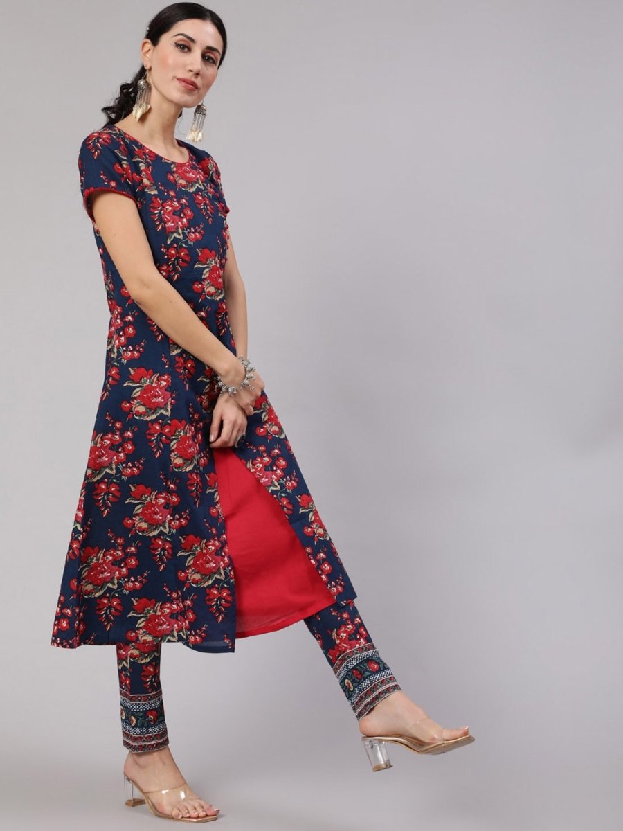 Aks Floral Printed Round Neck A-Line Kurta | Grocsy