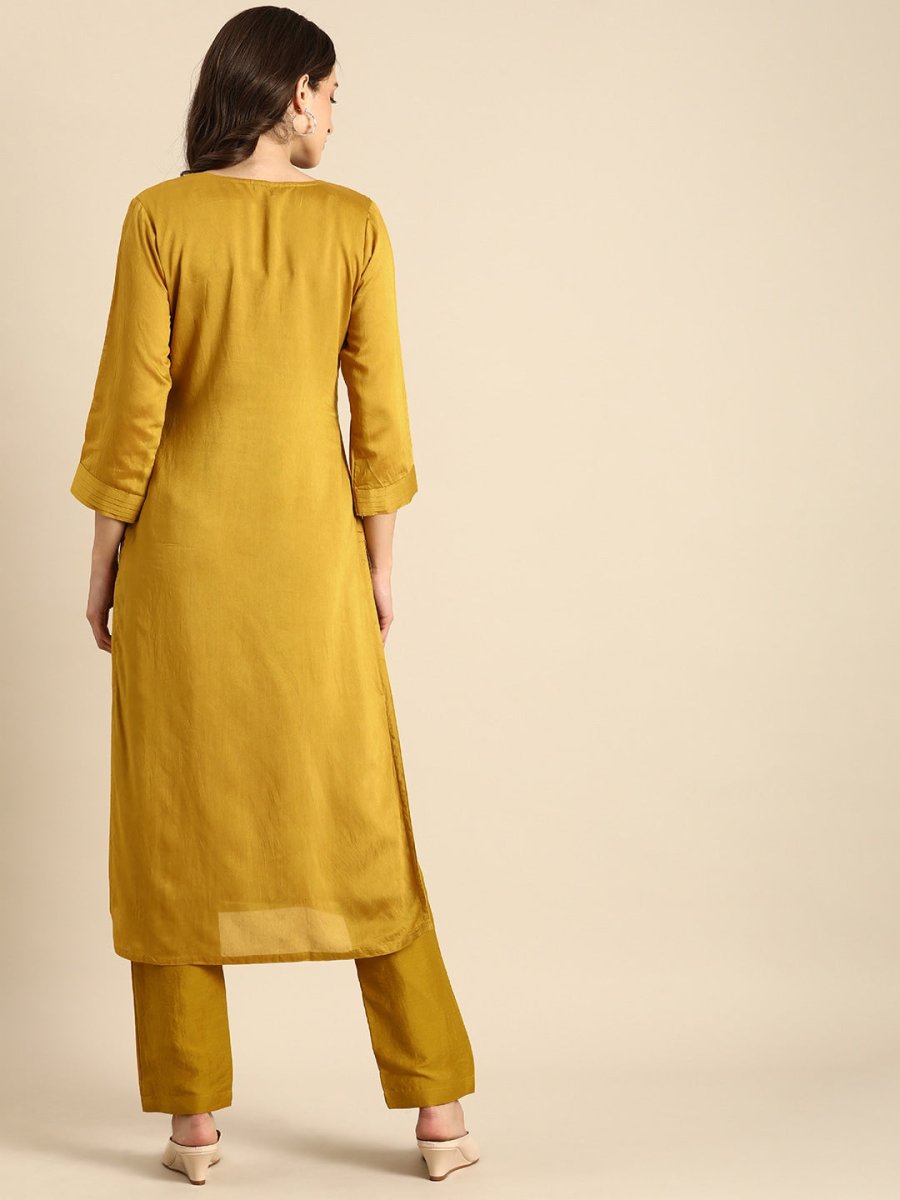 All About You Women Mustard Yellow & Off-White Ethnic Motifs Embroidered Kurta Set | Grocsy