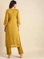 All About You Women Mustard Yellow & Off-White Ethnic Motifs Embroidered Kurta Set | Grocsy