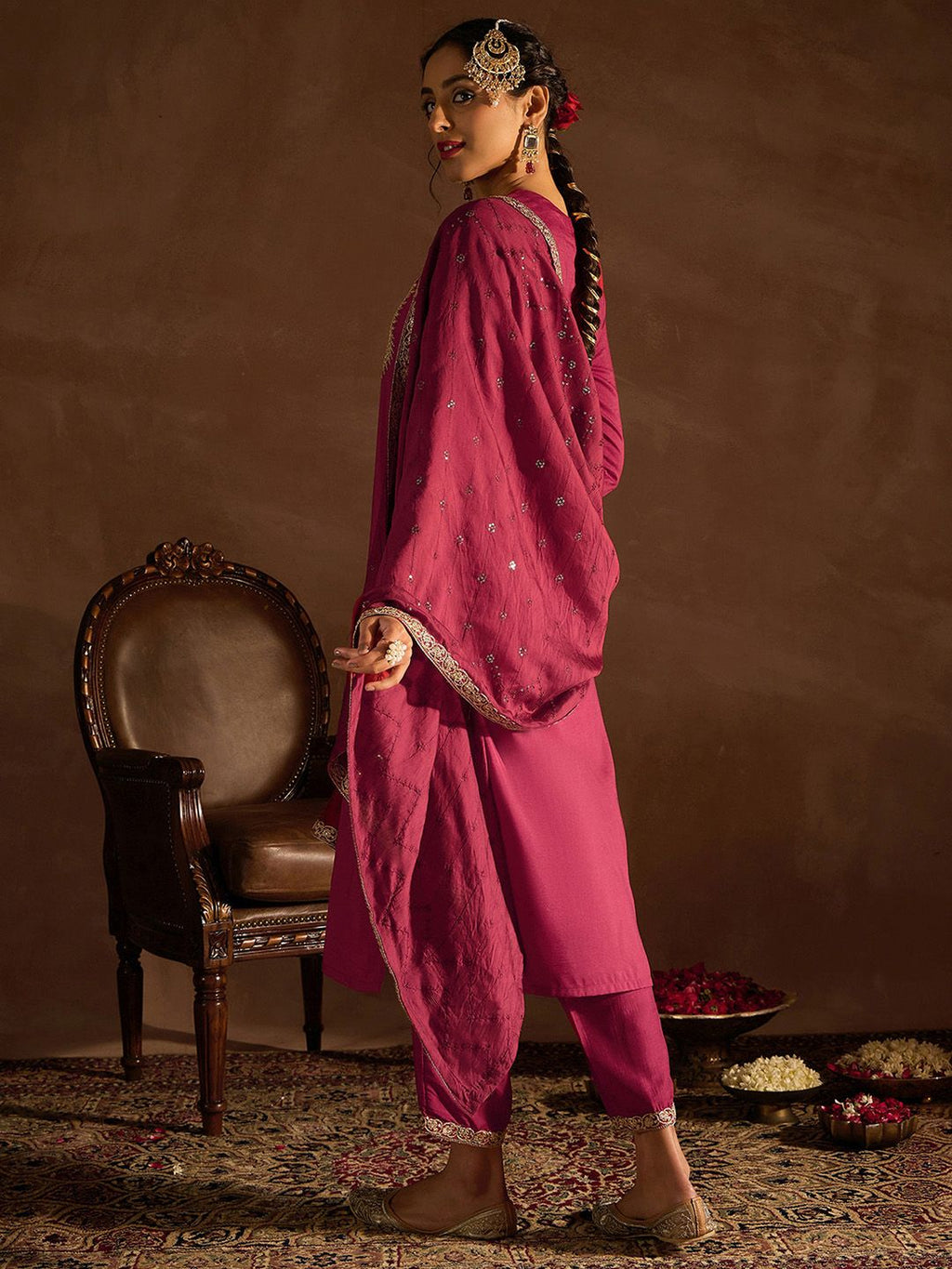 Indo Era Red Floral Embroidered Regular Kurta with Trousers & Dupatta | Grocsy