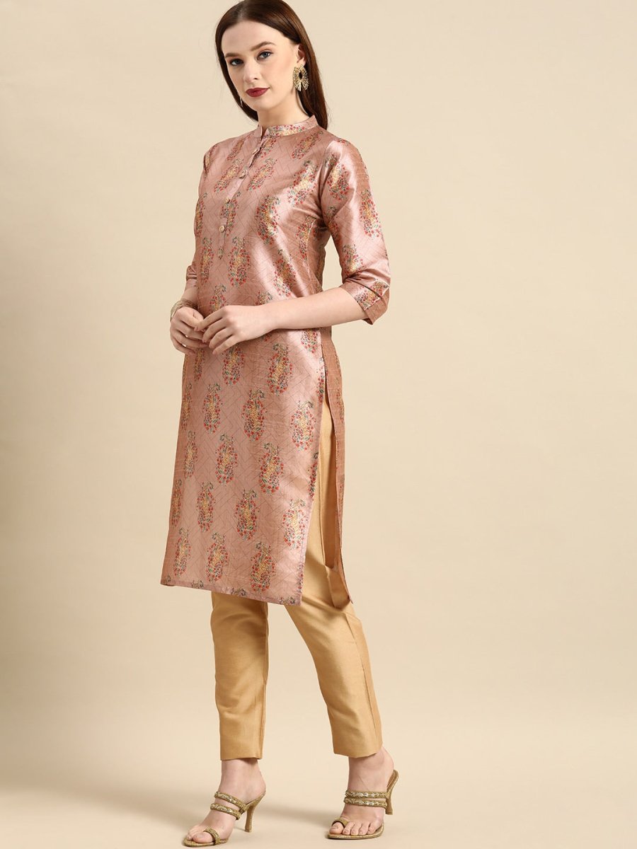All About You Women Pink Paisley Print Mandarin Collar Pastels Chanderi Silk Blend Kurta | Grocsy