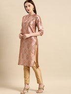 All About You Women Pink Paisley Print Mandarin Collar Pastels Chanderi Silk Blend Kurta | Grocsy
