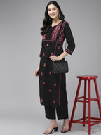 ADA Ethnic Motifs Embroidered Round Neck Chikankari Cotton Kurta | Grocsy
